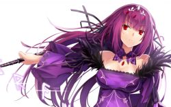 Rule 34 | 1girl, bare shoulders, black ribbon, breasts, cleavage, commentary request, detached collar, dress, fate/grand order, fate (series), fur trim, gem, hair ribbon, highres, holding, large breasts, long hair, long sleeves, looking at viewer, minamina, off-shoulder dress, off shoulder, parted lips, purple dress, purple hair, red eyes, ribbon, scathach (fate), scathach skadi (fate), sidelocks, simple background, solo, tiara, v-shaped eyebrows, white background, wide sleeves