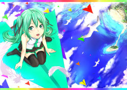 Rule 34 | 1girl, aqua eyes, aqua hair, bad id, bad pixiv id, bare shoulders, bird, black thighhighs, feathers, from above, hatsune miku, long hair, looking at viewer, looking up, necktie, ocean, paper airplane, seagull, sitting, skirt, solo, thighhighs, twintails, very long hair, vocaloid, wariza, water, zucchini