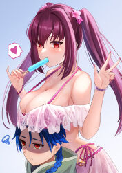 Rule 34 | 1boy, 1girl, absurdres, arugou, bikini, bracelet, braid, braided ponytail, breasts, child, cu chulainn (fate), earrings, fate/grand order, fate (series), flower, food, frilled bikini, frills, frown, hair flower, hair ornament, heart, highres, holding, holding food, holding popsicle, jewelry, large breasts, nail polish, off-shoulder bikini, off shoulder, popsicle, purple bikini, purple hair, scathach (fate), scathach skadi (swimsuit ruler) (fate), scathach skadi (swimsuit ruler) (first ascension) (fate), setanta (fate), shaded face, spoken heart, squiggle, swimsuit, twintails, two-tone bikini, v