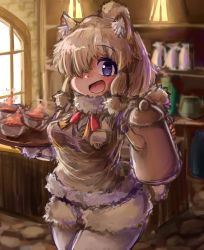 Rule 34 | 10s, 1girl, :d, alpaca ears, alpaca suri (kemono friends), alpaca tail, animal ears, blonde hair, blurry, blurry background, bodystocking, breast pocket, coffee pot, commentary request, cowboy shot, cup, day, drink, fur-trimmed sleeves, fur scarf, fur trim, hair bun, hair over one eye, hands up, highres, holding, holding pot, holding tray, indoors, kemono friends, light, long sleeves, looking at viewer, medium hair, neck ribbon, open mouth, pocket, pot, purple eyes, ribbon, scarf, shiitake fuumi, shorts, single hair bun, smile, solo, standing, sweater vest, tail, tongue, tray, upper body, window