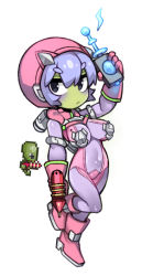 Rule 34 | 1girl, alien, arm up, black eyes, bodysuit, boots, breasts, colored skin, covered navel, creature and personification, energy gun, full body, gloves, green skin, gun, hair between eyes, holding, holding gun, holding weapon, knee boots, large breasts, leg up, multicolored bodysuit, multicolored clothes, no nose, nyong nyong, personification, pink bodysuit, pink footwear, pink gloves, purple bodysuit, purple hair, ray gun, reference inset, scutlix gunner (terraria), short hair, simple background, solo, terraria, two-tone bodysuit, weapon, white background