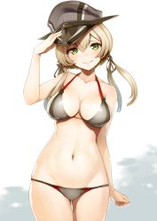 Rule 34 | 10s, 1girl, adapted costume, alternate costume, anchor, anchor hair ornament, arm up, bikini, blonde hair, blush, breasts, cleavage, collarbone, cowboy shot, gluteal fold, green eyes, grey bikini, groin, hair between eyes, hair ornament, halterneck, hand on headwear, hat, highres, kantai collection, large breasts, light brown hair, long hair, looking at viewer, low twintails, military hat, navel, nylon (nylon 100%), peaked cap, prinz eugen (kancolle), simple background, skindentation, smile, solo, swimsuit, thigh gap, twintails