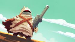 Rule 34 | 1boy, big bandit, cloud, day, dutch angle, from below, glowing, glowing eye, gun, highres, justin chan, male focus, nuclear throne, official art, one-eyed, red eyes, sky, solo, standing, weapon