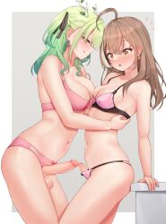 Rule 34 | 2futa, ahoge, antlers, blush, bra, breasts, brown eyes, brown hair, ceres fauna, closed mouth, earrings, erection, flying sweatdrops, foreskin, from side, futa with futa, futanari, green hair, hair between eyes, highres, hololive, hololive english, horns, jewelry, large breasts, licking lips, long hair, medium breasts, mole, mole under eye, multiple girls, nanashi mumei, navel, open mouth, panties, penis, penis size difference, penises touching, phimosis, pink bra, pink panties, precum, sleepypudding, small penis, testicles, tongue, tongue out, uncensored, underwear, underwear only, virtual youtuber, yellow eyes