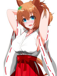 Rule 34 | 1girl, alternate costume, animal ears, armpits, arms up, blue eyes, blush, bow, breasts, brown hair, commentary request, cowboy shot, hair ornament, hakama, highres, horse ears, horse girl, horse tail, japanese clothes, large breasts, medium hair, miko, open mouth, ponytail, red bow, simple background, smile, solo, star (symbol), star hair ornament, taiki shuttle (umamusume), tail, tkka, umamusume, white background