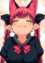 1girl :3 absurdres animal_ears black_bow black_dress blush bow braid breasts cat_ears cat_girl closed_eyes commentary_request dress extra_ears facing_viewer fang fang_out fuuzasa hair_bow highres kaenbyou_rin large_breasts long_hair pointy_ears red_hair smile solo touhou twin_braids upper_body