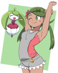 Rule 34 | 1girl, :d, ;), ^ ^, arm up, armpits, bubukka, closed eyes, closed mouth, collarbone, creatures (company), dark-skinned female, dark skin, game freak, gen 7 pokemon, green background, green eyes, green hairband, hairband, long hair, looking at another, mallow (pokemon), nintendo, one eye closed, open mouth, pokemon, pokemon (creature), pokemon sm, smile, steenee, twintails, two-tone background, white background