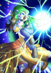 Rule 34 | 1boy, 1girl, 73kou33, absurdres, blue eyes, blush, brown hair, charging energy, crown, dress, earrings, facial hair, flower earrings, gloves, hat, highres, hug, jewelry, jumping, looking at another, luigi, mario (series), mustache, nintendo, open mouth, orange dress, overalls, princess daisy, puffy short sleeves, puffy sleeves, serious, short sleeves, super mario bros. 1, super mario land, surprised, sweat, thunder, tomboy