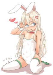 Rule 34 | 1girl, animal ears, aqua eyes, bad anatomy, bad leg, bespectacled, blonde hair, blush, bow, dated, detached collar, fake animal ears, fyuo, glasses, grecale (kancolle), hair bow, highres, kantai collection, leotard, long hair, one-hour drawing challenge, one-piece tan, pink bow, playboy bunny, rabbit ears, signature, simple background, solo, strapless, strapless leotard, tan, tanline, white background, white leotard, wrist cuffs