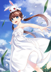 Rule 34 | 1girl, animal, animal on head, blue eyes, blush, brown hair, rabbit, rabbit hair ornament, rabbit on head, cloud, day, dress, hair ornament, long hair, looking at viewer, low twintails, on head, open mouth, original, outstretched arms, sky, smile, solo, sundress, twintails, unowen