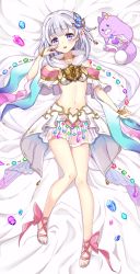 Rule 34 | 1girl, bare legs, bed sheet, blush, bow, full body, gem, hair ornament, hand on own face, highres, holding, holding gem, holding jewelry, hoshi tanuki (shironeko project), jewelry, keyhole, lying, navel, on back, pleated skirt, sandals, see-through, see-through skirt, shironeko project, short hair, silver hair, skirt, solo, sunameri (pixiv3564245), teeth, tina topia, upper teeth only, yellow bow