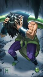 1boy absurdres artist_logo black_hair broly_(dragon_ball_super) cave_interior despair dragon_ball dragon_ball_super hands_on_own_head highres hydeover9000 logo male_focus muscular muscular_male pants purple_pants scar scar_on_arm solo stalactite standing wristband