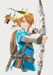 Rule 34 | 1boy, absurdres, aqua eyes, aqua tunic, belt, blonde hair, bow (weapon), brown belt, closed mouth, commentary, fingerless gloves, frown, gloves, hair tie, highres, holding, holding bow (weapon), holding weapon, ic (gsmh7284), korok, link, looking at viewer, male focus, nintendo, outstretched arm, pointy ears, sheath, shield, shield on back, shirt, sidelocks, strap, the legend of zelda, the legend of zelda: breath of the wild, weapon, white background