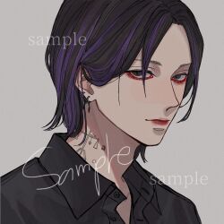 Rule 34 | 1boy, balance scale, bishounen, black eyes, black hair, black shirt, buttons, closed mouth, collared shirt, commission, earrings, grey background, highres, jewelry, kagoya1219, looking at viewer, male focus, multicolored hair, neck tattoo, original, parted hair, portrait, purple hair, sample watermark, shirt, short hair, simple background, solo, streaked hair, tattoo, watermark, weighing scale