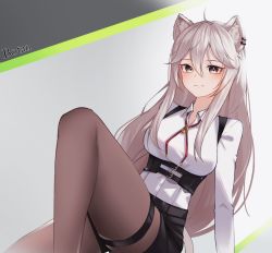 Rule 34 | 1girl, animal ears, beige legwear, black pantyhose, black shorts, bolo tie, breasts, character name, chessy, closed mouth, collared shirt, commentary, dress shirt, english text, feet out of frame, grey eyes, grey hair, highres, hololive, knee up, lion ears, long hair, long sleeves, looking at viewer, medium breasts, pantyhose, shirt, shishiro botan, shishiro botan (button-down), short shorts, shorts, sidelocks, sitting, smile, solo, thigh strap, very long hair, virtual youtuber, white shirt