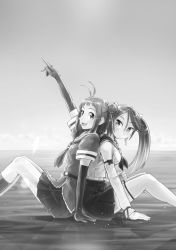 Rule 34 | 10s, 2girls, :d, antenna hair, arm up, back-to-back, bare shoulders, belt, breasts, detached sleeves, elbow gloves, from side, frown, gloves, gradient hair, greyscale, hair between eyes, hair bun, horizon, isuzu (kancolle), kantai collection, kou1, lens flare, long hair, looking at another, looking at viewer, looking back, looking to the side, medium breasts, monochrome, multicolored hair, multiple girls, naka (kancolle), neckerchief, open mouth, outdoors, pleated skirt, pointing, pointing up, ribbon, short hair, short sleeves, single hair bun, sitting, skirt, small breasts, smile, thighhighs, twintails