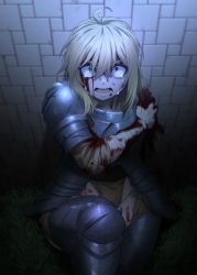 Rule 34 | 1other, @ @, absurdres, ahoge, ambiguous gender, amputee, armor, bandaged arm, bandages, bleeding, blood, blood on clothes, blood on face, blood on hands, bloody bandages, breastplate, collarbone, crying, crying with eyes open, dark, eyelashes, grass, greaves, hair between eyes, hatching (texture), highres, in (ain), injury, long hair, looking at viewer, looking up, lower teeth only, open mouth, original, pauldrons, scared, scratches, shoulder armor, single pauldron, sleeves rolled up, solo, tears, teeth, tile wall, tiles, tongue