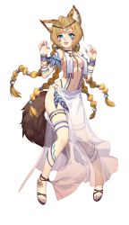 Rule 34 | 1girl, absurdres, animal ears, armlet, bare shoulders, blue eyes, bracelet, breasts, brown hair, dress, feathers, full body, hair ornament, head chain, highres, jewelry, long hair, looking at viewer, medium breasts, navel, necklace, open mouth, pelvic curtain, quad braids, rekaerb maerd, ring, romantic saga of beauty &amp; devil, slit pupils, smile, solo, standing, tail, tattoo, thighlet, tooth necklace, transparent background, tribal tattoo, very long hair, white dress