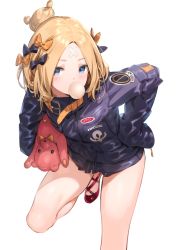 Rule 34 | 1girl, abigail williams (fate), abigail williams (traveling outfit) (fate), alternate hairstyle, bandaid, bandaid on face, bandaid on forehead, belt, black bow, black jacket, blonde hair, blue eyes, blush, bow, blowing bubbles, chewing gum, commentary request, fate/grand order, fate (series), forehead, hair bow, hair bun, high collar, hip focus, holding, holding stuffed toy, jacket, leaning forward, long hair, looking at viewer, official alternate costume, orange bow, parsley-f, parted bangs, polka dot, polka dot bow, red footwear, simple background, single hair bun, sleeves past fingers, sleeves past wrists, solo, stuffed animal, stuffed toy, teddy bear, thighs, white background