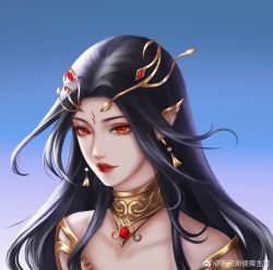 Rule 34 | 1girl, artist request, black hair, blue sky, cai lin (doupo cangqiong), doupo cangqiong, earrings, facial mark, forehead mark, hair ornament, jewelry, long hair, pointy ears, red eyes, second-party source, sky, solo, teeth, upper body