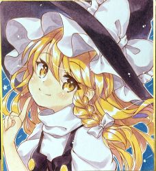 Rule 34 | 1girl, black hat, blonde hair, blue background, bow, braid, closed mouth, frilled hat, frills, hair bow, hat, hat bow, highres, kirisame marisa, long hair, looking at viewer, mimi (mimi puru), side braid, single braid, smile, solo, touhou, traditional media, turtleneck, upper body, white bow, witch hat, yellow eyes
