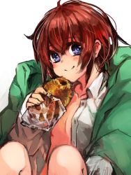 Rule 34 | 1girl, blanket, blush, breasts, closed mouth, eating, food, food on face, holding, holding food, komota (kanyou shoujo), looking at viewer, open clothes, open shirt, original, purple eyes, red hair, short hair, simple background, sitting, small breasts, smile, solo, white background