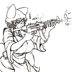 Rule 34 | 1girl, aiming, animal hat, breasts, chanta (ayatakaoisii), covered erect nipples, firing, focused, fox tail, from side, greyscale, gun, h&amp;k mp5, hat, hip focus, holding, holding gun, holding weapon, large breasts, long sleeves, mob cap, monochrome, multiple tails, one eye closed, mob cap, plump, serious, shell casing, short hair, solo, submachine gun, sweatdrop, tabard, tail, touhou, weapon, wide sleeves, yakumo ran