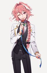 Rule 34 | 1boy, androgynous, astolfo (fate), belt, bishounen, black pants, black vest, braid, collared shirt, contrapposto, cowboy shot, fate/grand order, fate (series), flower, grey shirt, hair between eyes, hair intakes, hair ribbon, hand up, head tilt, heart, highres, holding, holding flower, jacket, long hair, long sleeves, looking at viewer, male focus, necktie, one eye closed, pants, pink eyes, pink hair, pink necktie, red flower, ribbon, shirt, single braid, smile, solo, standing, tenobe, trap, tress ribbon, vest, white jacket, wing collar