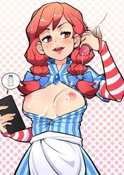 Rule 34 | 1girl, apron, blue eyes, breasts, cherry-bosoms, cleavage, cum, cum on body, cum on breasts, cum on upper body, disembodied penis, dress, freckles, handjob, highres, large breasts, nipples, open mouth, penis, phone, product girl, red eyes, red hair, twintails, wendy&#039;s, wendy (wendy&#039;s)