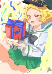 Rule 34 | 1girl, absurdres, black bow, black neckerchief, blonde hair, blouse, bow, brown eyes, commentary, confetti, erwin (girls und panzer), floating, gift, girls und panzer, goggles, goggles on headwear, green hat, green skirt, hat, highres, holding, holding gift, jacket, long sleeves, looking to the side, military hat, military jacket, miniskirt, namatyoco, neckerchief, ooarai school uniform, open mouth, peaked cap, pleated skirt, pointy hair, sailor collar, school uniform, serafuku, shirt, short hair, skirt, smile, solo, star (symbol), twitter username, white sailor collar, white shirt, yellow background