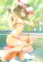 Rule 34 | 10s, 1girl, absurdres, ahoge, barefoot, bath stool, breasts, brown eyes, brown hair, bubble, censored, convenient censoring, feet, highres, iijima hiroya, navel, nude, nyantype, official art, pinky out, sasami-san@ganbaranai, scan, shampoo hat, shower head, showering, small breasts, soap, solo, stool, toenails, toes, towel, tsukuyomi sasami, uneven eyes