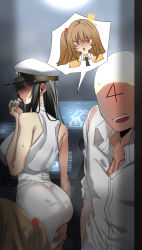 Rule 34 | 1boy, 2girls, ^^^, absurdres, amphitrite (last origin), ass, bald, black hair, blush, breasts, brown hair, commander (last origin), ear blush, faceless, faceless female, faceless male, full-face blush, hat, highres, large breasts, last origin, looking at another, multiple girls, one side up, open collar, peaked cap, rhlatm, salacia (last origin), shirt, skirt, sleeveless, sleeveless shirt, sweatdrop, turn pale, white shirt, white skirt, wide-eyed