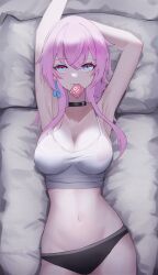 Rule 34 | 1girl, absurdres, armpits, arms up, bare shoulders, bed sheet, black choker, black panties, blue eyes, camisole, choker, commentary request, condom, condom in mouth, crop top, highres, honkai: star rail, honkai (series), long hair, lying, march 7th (honkai: star rail), midriff, mouth hold, navel, on back, panties, pink hair, rdeenz, solo, spaghetti strap, stomach, underwear, underwear only, upper body