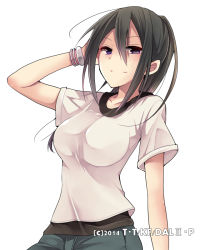 Rule 34 | 1girl, black eyes, black hair, bracelet, date a live, floating hair, hair between eyes, hand in own hair, hibiki mio, jewelry, kusakabe ryouko (date a live), long hair, looking at viewer, shirt, short sleeves, simple background, smile, solo, standing, upper body, white background, white shirt