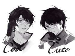 Rule 34 | 1boy, adjusting eyewear, closed mouth, english text, frown, glasses, gloves, greyscale, hand on eyewear, long sleeves, looking at viewer, male focus, mikumo osamu, monochrome, multiple views, simple background, smile, standard666, sweat, swept bangs, white background, world trigger
