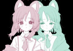 Rule 34 | 2girls, animal ears, black background, blue archive, bow, cat ears, fake animal ears, frown, green eyes, green halo, hair bow, half-closed eyes, halo, highres, kagenone, looking at viewer, looking to the side, medium hair, midori (blue archive), momoi (blue archive), multiple girls, necktie, pink eyes, pink halo, sad, shirt, siblings, sidelocks, simple background, sisters, sketch, twins, white shirt