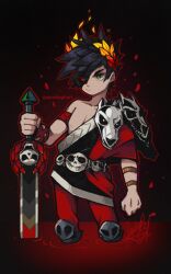 1boy ancient_greek_clothes animal_skull_ornament black_hair black_sclera blood colored_sclera commentary english_commentary greco-roman_clothes hades_(series) hades_1 heterochromia highres holding holding_sword holding_weapon laurel_crown male_focus mismatched_sclera pool_of_blood red_eyes sandragh short_hair signature simple_background single_bare_shoulder skull skull_ornament solo sword upper_body weapon zagreus_(hades)