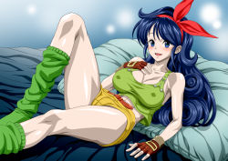 Rule 34 | 1girl, bare shoulders, bed, belt, blue eyes, blue hair, blush, breasts, cleavage, covered erect nipples, curly hair, dragon ball, fingerless gloves, gloves, gradient background, green tank top, groin, hair ribbon, hand on own chest, happy, large breasts, leg up, legs, long hair, looking at viewer, loose socks, lunch (dragon ball), lying, matching hair/eyes, midriff, nel-zel formula, on bed, pillow, ribbon, short shorts, shorts, simple background, sleeveless, smile, socks, solo, tank top, thighs, yellow shorts
