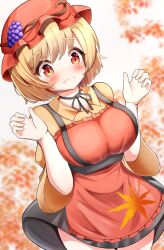 Rule 34 | 1girl, aki minoriko, apron, autumn leaves, blonde hair, blurry, blurry background, blush, breasts, closed mouth, commentary request, food, fruit, grapes, gyuta, hat, highres, large breasts, leaf, mob cap, red apron, red eyes, red headwear, short hair, touhou, white background