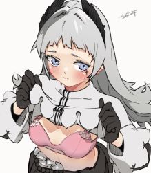 Rule 34 | 1girl, :s, animated, animated gif, arknights, black gloves, black jacket, blinking, blue eyes, blush, bra, breasts, capelet, capelet lift, closed mouth, clothes lift, dress, embarrassed, gloves, grey capelet, grey hair, head wings, highres, irene (arknights), jacket, lifted by self, long hair, long sleeves, looking at viewer, open clothes, open dress, pink bra, scar, scar across eye, scar on face, seto tinami, signature, small breasts, solo, underwear, upper body, wings