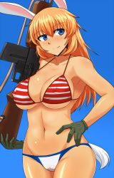 Rule 34 | 1girl, animal ears, bikini, blue eyes, breasts, browning automatic rifle, cameltoe, charlotte e. yeager, covered erect nipples, gloves, gun, hand on own hip, kunashiri (etorofu), large breasts, navel, orange hair, rabbit ears, rabbit girl, rabbit tail, rifle, solo, standing, strike witches, swimsuit, tail, tan, tanline, underboob, weapon, world witches series