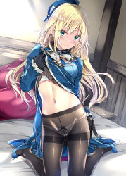 Rule 34 | 1girl, aqua eyes, ascot, atago (kancolle), bad id, bad pixiv id, beret, black gloves, black pantyhose, blonde hair, blue footwear, blue hat, blue jacket, blush, bra, bra peek, breasts, clothes lift, commentary request, crotch seam, eyes visible through hair, frilled sleeves, frills, gloves, hair between eyes, hand on own hip, hat, high heels, highres, indoors, jacket, jacket lift, kantai collection, kneeling, kobayashi chisato, large breasts, lifting own clothes, long hair, long skirt, looking at viewer, military, military uniform, navel, no pants, on bed, open clothes, open skirt, panties, panties under pantyhose, pantyhose, ribbon-trimmed panties, rudder footwear, sidelocks, skirt, smile, solo, stomach, thighband pantyhose, underwear, uniform, unworn skirt, white bra, white panties