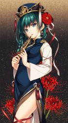 Rule 34 | 1girl, blue eyes, china dress, chinese clothes, dress, earrings, flower, green hair, hair flower, hair ornament, hat, highres, jewelry, long hair, looking at viewer, md5 mismatch, monety, open mouth, resized, resolution mismatch, shiki eiki, short hair, side slit, solo, source larger, spider lily, thighs, touhou