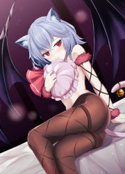 Rule 34 | 1girl, animal ears, ass, bat wings, bell, black hair, blue hair, brown pantyhose, cat ears, cat girl, cat tail, closed mouth, commentary request, cosplay, covering privates, covering breasts, crossed legs, dutch angle, fur, hat, unworn hat, hat ribbon, unworn headwear, highres, holding, holding clothes, holding hat, jingle bell, kemonomimi mode, looking at viewer, mash kyrielight, mash kyrielight (dangerous beast), mash kyrielight (dangerous beast) (cosplay), mob cap, official alternate costume, pantyhose, red ribbon, remilia scarlet, ribbon, short hair, sinkai, sitting, slit pupils, solo, tail, tail bell, tail ornament, thighs, topless, touhou, wings