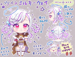 Rule 34 | &gt; &lt;, 1girl, arch mage (ragnarok online), blue halo, blush, boots, breasts, brown capelet, brown gloves, capelet, chibi, closed mouth, commentary request, dress, full body, fur-trimmed boots, fur-trimmed capelet, fur-trimmed gloves, fur trim, gloves, gold trim, grey background, hair rings, halo, highres, long hair, looking at viewer, medium bangs, multicolored hair, multiple views, nyamen2828, pink hair, profile, purple hair, ragnarok online, short dress, simple background, small breasts, smile, streaked hair, swept bangs, translation request, two-tone hair, upper body, waving, white dress, white footwear, white hair