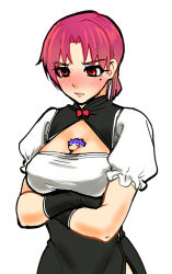 Rule 34 | 1boy, 1girl, bazett fraga mcremitz, between breasts, black gloves, blush, breasts, chibi, china dress, chinese clothes, cleavage, cleavage cutout, closed mouth, clothing cutout, crossed arms, cu chulainn (fate), dress, embarrassed, fate/hollow ataraxia, fate (series), gloves, cu chulainn (fate/stay night), medium breasts, mole, mole under eye, puffy short sleeves, puffy sleeves, red eyes, red hair, short hair, short sleeves, simple background, standing, white background