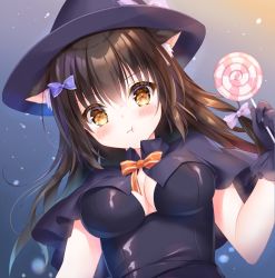 Rule 34 | 1girl, :t, animal ear fluff, animal ears, black capelet, black dress, black gloves, black hat, blush, bow, breasts, brown eyes, brown hair, candy, capelet, cat ears, closed mouth, commentary request, dress, food, from below, gloves, hair between eyes, hair bow, halloween, hand up, hat, hat bow, highres, holding, holding food, kohinata hoshimi, lollipop, long hair, looking at viewer, looking down, medium breasts, orange bow, original, pout, purple bow, solo, striped, striped bow, swirl lollipop, upper body, witch hat