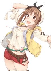 Rule 34 | 1girl, :d, atelier (series), atelier ryza, atelier ryza 1, breasts, brown eyes, brown hair, cleavage, hair ornament, hairclip, highres, large breasts, looking at viewer, midriff, navel, open mouth, red shorts, reisalin stout, short shorts, shorts, simple background, smile, solo, white background, white headwear, zekkyon
