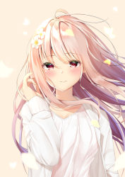 Rule 34 | 1girl, absurdres, adjusting hair, blonde hair, blush, breasts, cleavage, closed mouth, collarbone, floating hair, flower, hair between eyes, hair flower, hair ornament, highres, jacket, long hair, long sleeves, looking at viewer, medium breasts, namaponpon 00, open clothes, open jacket, original, pink background, red eyes, shirt, simple background, smile, solo, upper body, very long hair, white flower, white jacket, white shirt