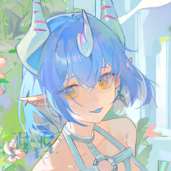 Rule 34 | 1girl, :p, bare shoulders, blue choker, blue hair, blue horns, blue tongue, building, chinese commentary, choker, closed mouth, collarbone, colored tongue, commentary request, day, ear piercing, earrings, eyelashes, flower, gugu (mirukai), highres, horns, jewelry, marking on cheek, multiple horns, multiple piercings, o-ring, original, outdoors, piercing, pink flower, pointy ears, sample watermark, short hair, single earring, smile, solo, tongue, tongue out, tree, upper body, watermark, yellow eyes